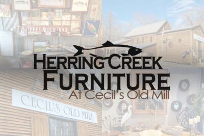 Herring Creek Furniture at Old Cecil's Mill Logo With 4 Photo Collage Behind It