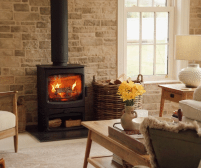 Cozy living room with a wood stove, a coffee table adorned with yellow flowers and books, and a warm, inviting atmosphere.