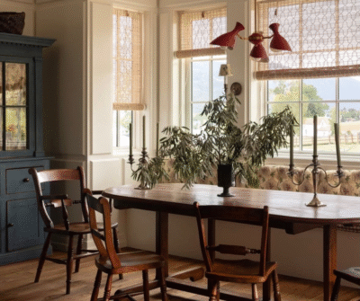 Warm, earthy dining room featuring rich natural wood furniture, a navy blue china cabinet in the background, sheer curtains, and a centerpiece of fresh foliage from outside.