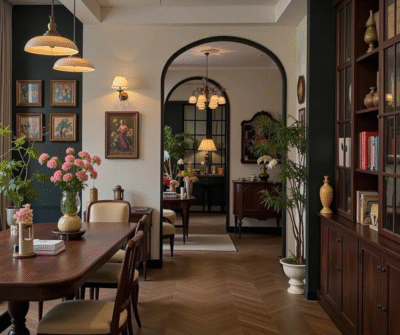 A stylish living space featuring a harmonious blend of modern, classic, and vintage elements with natural materials and earthy tones, creating a warm and inviting atmosphere.