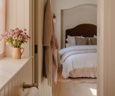 Bright bedroom space with natural light flooding in through open curtains, highlighting warm tones and authentic decor elements.