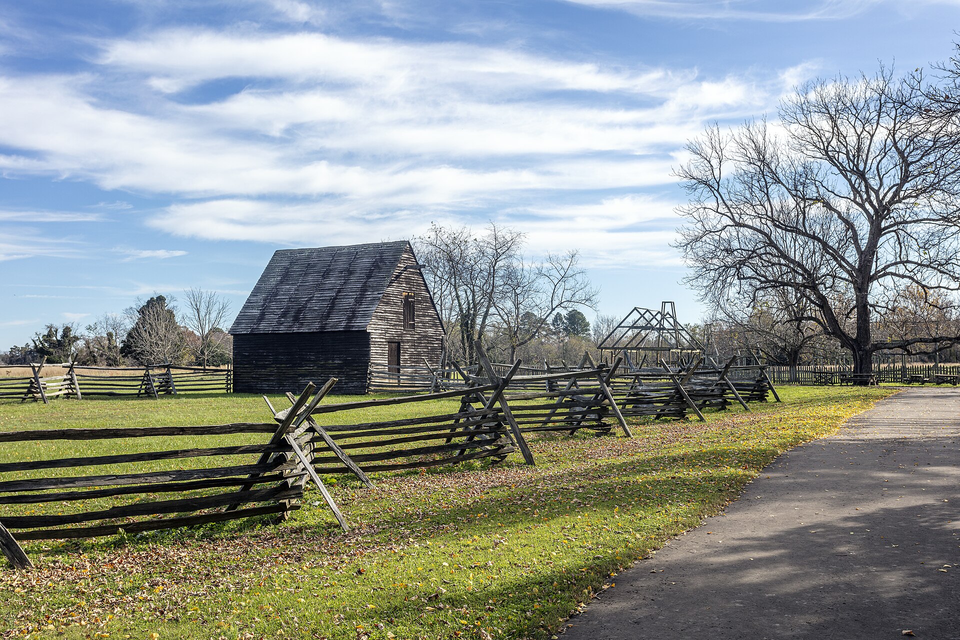 Cordea's Hope St. Mary's City MD1 Reconstructed 17th-century wooden building known as Cordea's Hope surrounded by split-rail fencing and autumn trees at Historic St. Mary's City, Maryland.